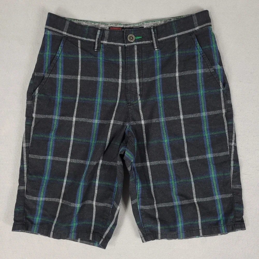 Tony Hawk Shorts Men's 30 Gray Black Plaid Casual Regular Fit Cotton Blend Chino